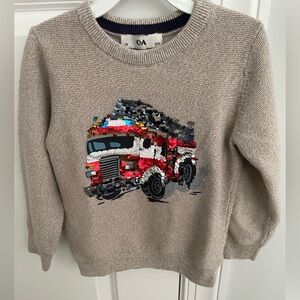 Boys Beige Sweater with Fire Truck Design - sequined